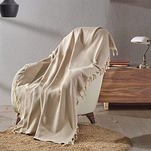 Milam London Jeté de lit 100 % coton à chevrons pour fauteuil, canapé, lit double, jeté de lit, couverture d'extérieur 130 x 170 cm, beige
