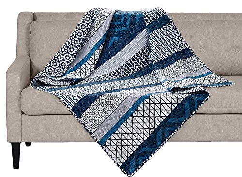 SLPR Dreamcatcher 50' x 60' Modern Throw: Blue Quilted Coverlet with Stripes, Reversible Couch Throw for Men and Summer