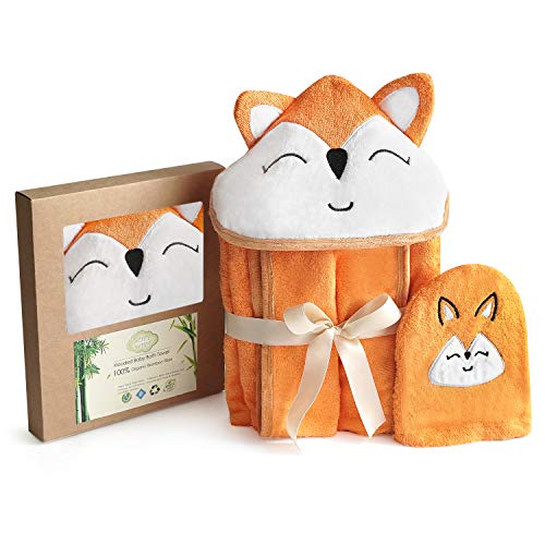 Image of Fox Style Rayon Baby Hooded Bath Towel & Washing Glove Set - Size 40x28”, Soft and Comfortable, Ultra Absorbent, 100% Natural for Baby (Orange)