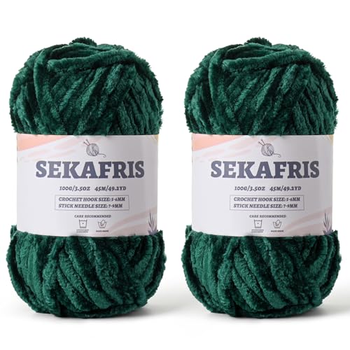 Image of Chenille Velvet Soft Yarn Dark Green 2 Pack