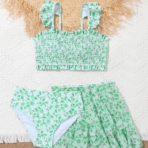 Girls Kids 3 Piece Swimsuit Floral Ruched Ruffle Bathing Suit Sets and Cover Up Skirt Swimwear for Toddler Girl Beach3
