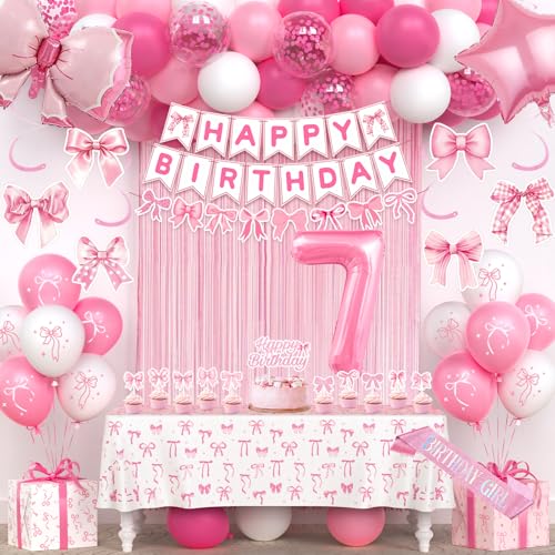 7th Birthday Decorations for Baby Girls, Pink Bow Birthday Party Supplies