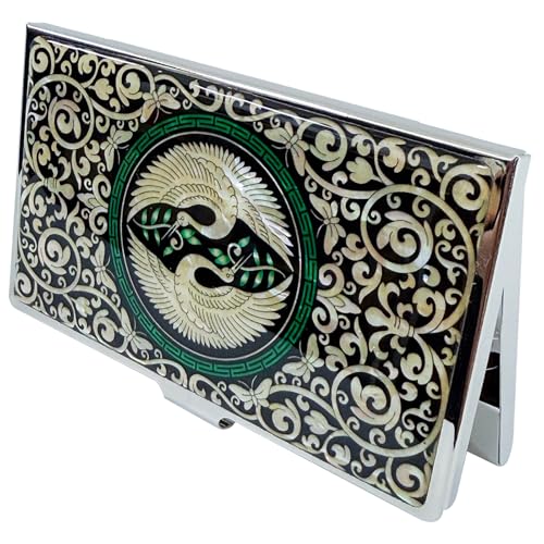 Image of Mother of Pearl Business Card Case Credit Id Name Holder Travel Wallet Art Painting Design Metal Stainless Steel Engraved Slim Purse Pocket Cash Money Wallet -Crane-(Kiss)