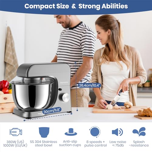 Parmedu Electric Kitchen Stand Mixer: 1000W 8-Speed Compact Tilt-Head Household Food Mixer - 4.5L 304 Stainless Steel Bowl with Cover & Egg Whisk & Dishwasher Safe Dough Hook & Flat Beater - Image 3