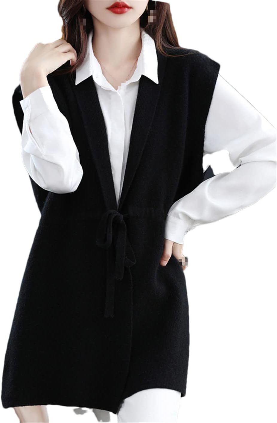 Vsadsau Women 100% Cashmere Long Cardigan Vest Solid Knitted Slim Sleeveless Tie Belt Cardigan Sweater
