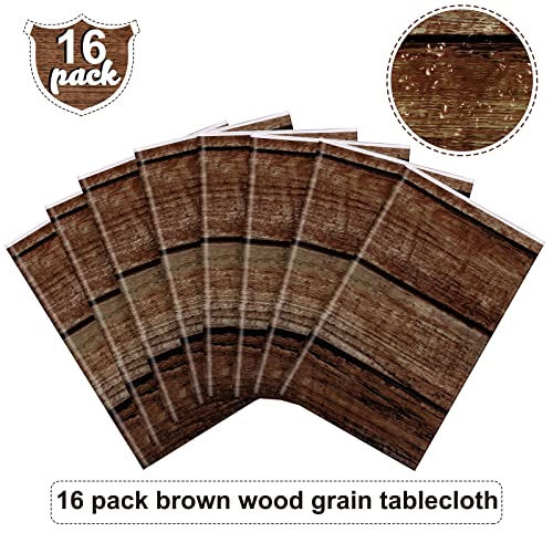 Image of Irenare 16 Pcs Brown Wood Grain Tablecloths Rustic Plastic Table Covers for Rectangle Table, Vintage Farmhouse Tablecloth Decorations for Western Barn Birthday Wedding (54 x 108 Inches)