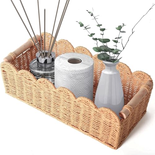 Image of Quincry Scalloped Organizer Basket for Toilet Tank Top with Wooden Handle, Wicker Storage over Above Behind Flush Tank, Hand Woven Paper Rope Back of Cistern Tray (Paper Rope, 14.2*6.5*5")