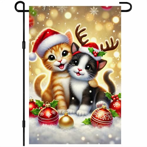 Image of BlissYard Christmas Garden Flag Adorable Kittens Santa 12x18 Inch Hats Reindeer Antlers Snowflakes Holiday Home Outdoor Decor Decorative Seasonal Welcome Banner Polyester For Girls or boys gifts