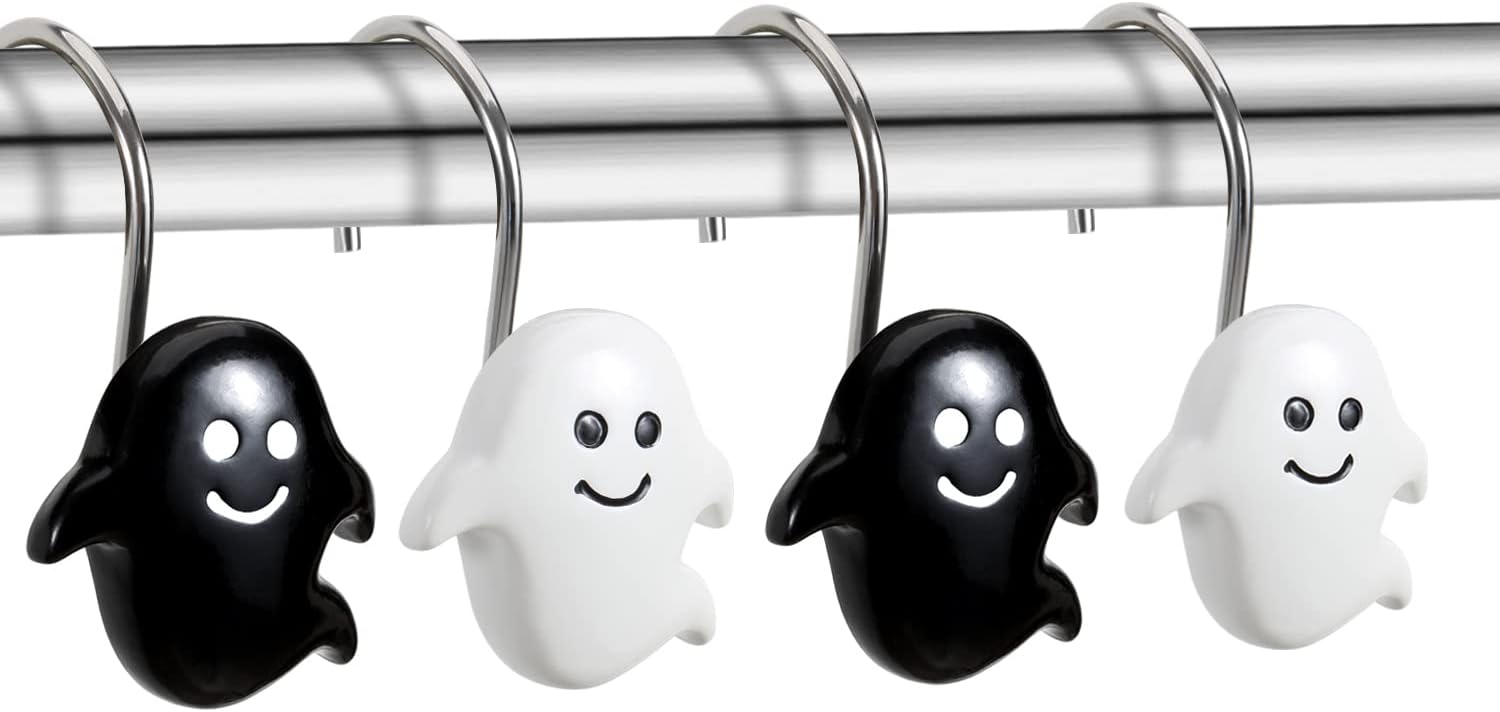 CHICTIE Halloween Shower Curtain Hooks, Black White Nightmare Decorative Shower Rings for Bathroom Shower Curtains Rods,Set of 12 Premium Rust-Resistant Shower Hooks Hangers Cute Spooky Design