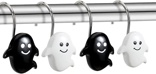 Miniatura 2 de CHICTIE Ganchos para cortina de ducha de Halloween, anillos decorativos de pesadilla negra y blanca para cortinas de baño, juego de 12 ganchos de