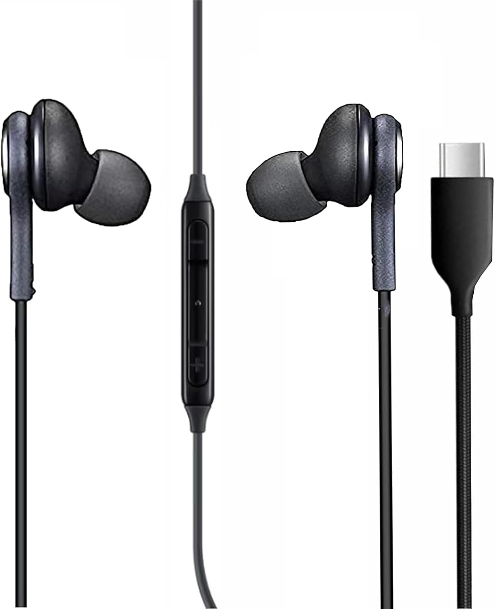AKG Auriculares con cable USB-C con micrófono, auriculares internos con control de volumen, cable trenzado de 3 pies, compatibles con Galaxy S24 Ultra, S24+, S24, S23, iPhone 15
