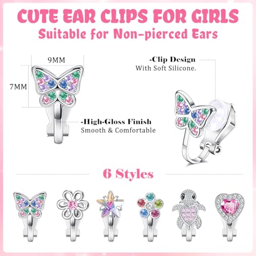 6 Paar Ohrclips Kinder Hypoallergene,Süße Clip Ohrringe Kinder,Klipp Ohrringe Mädchen Ohne Ohrlöcher,Bunte Zirkon Schmuck Mädchen -Schmetterling Blume Herz Stern Schildkröte