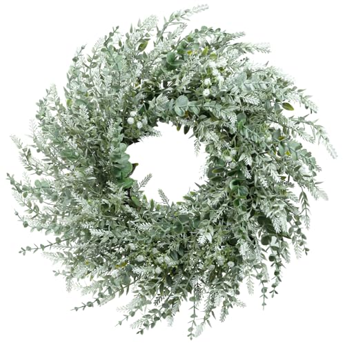 NIOPELO 26'' Eucalyptus Wreath for Front Door - Artificial Eucalyptus and White Seeds Greenery with Babys Breath Flowers Outdoor Wreath for Wedding Farmhouse Porch Wall Room Home Decor (White-Green)