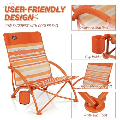 LANMOUNTAIN 2 Pack Low Beach Chair,Folding Recliner Camping Chair for Adults,Lightweight Backpacking Low Seat Camping Chairs with Cup Holder,Carry Bag for Outdoor Camp Picnic Festival,Orange Strip by LANMOUNTAIN - Used condition - Image 3