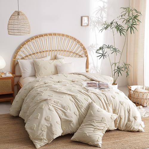 Image of Boho Tufted Comforter Set Queen Size Beige Heart Textured Bedding Set 3 Pieces Farmhouse Shabby Chic Embroidery Bed Set Soft Jacquard Comforter for All Season with 2 Pillowcases