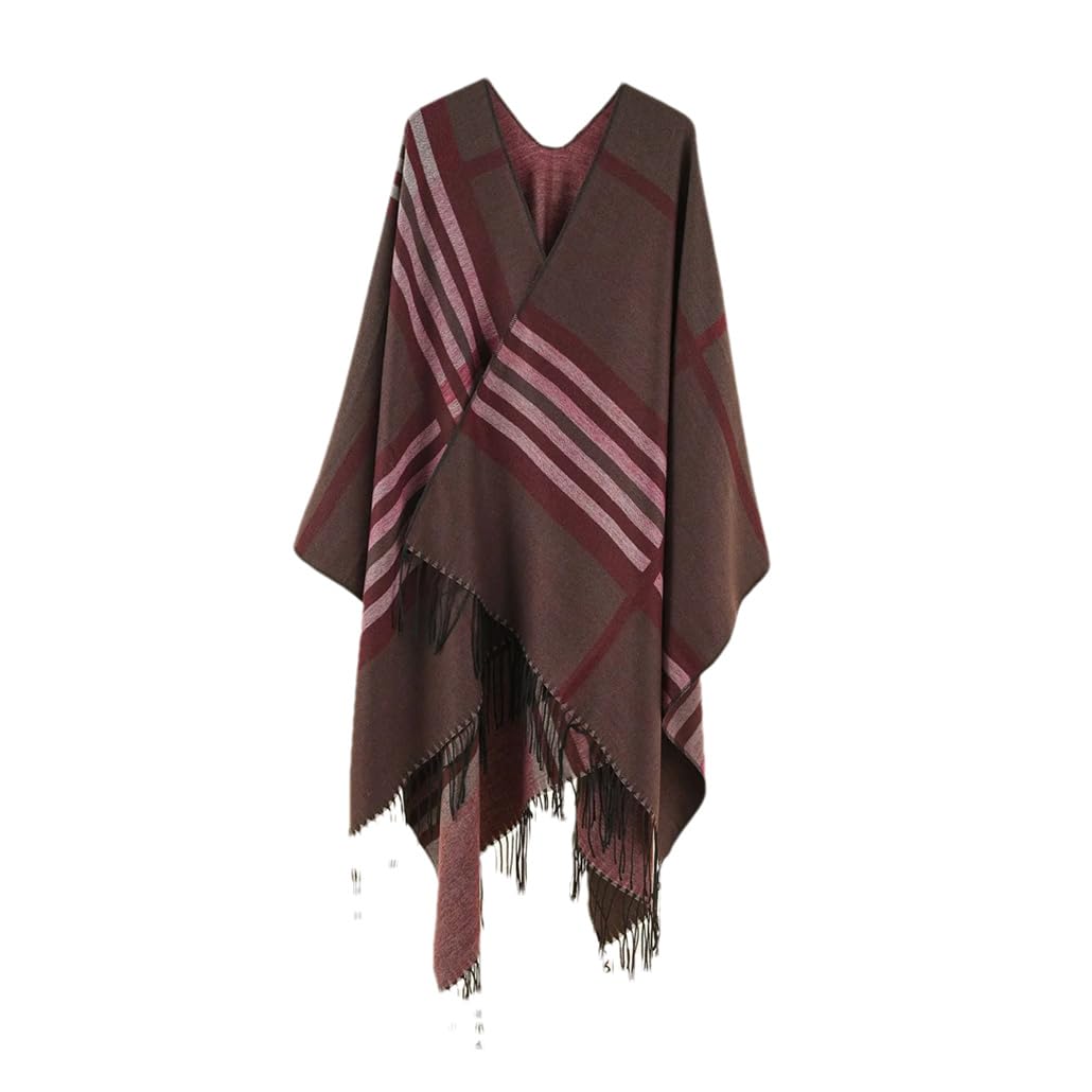 Dninmim Poncho con borlas para mujer, cárdigan a cuadros, patrón de rayas, cálido, casual, abrigo chal