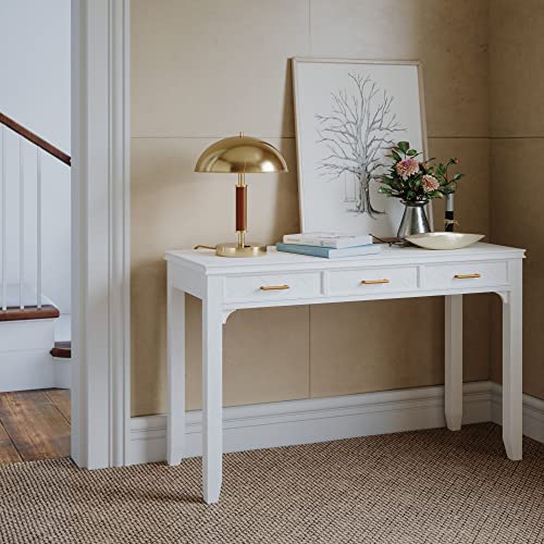 Image of Jofran Mid-Century Modern Acacia Wood Writing Desk with 3 Drawers and USB Charging Port, 48 Inch Computer Desk for Home Office Work, Blanc