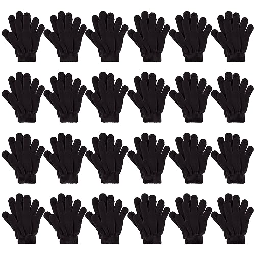 24 Paar Kinder Winterhandschuhe Jungen und Mädchen Handschuhe Bulk Vollfinger Warme Handschuhe Kleinkind Dehnbare Strickhandschuhe für Winter Favor, Schwarz, 6-12 Jahre