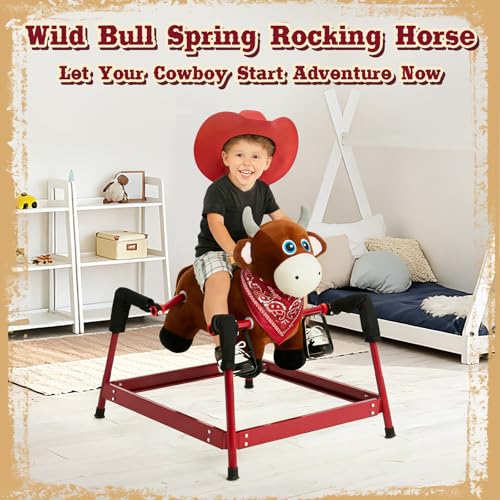 Image of FUNLIO Bull Spring Rocking Horse for Kids 3-6, Wild Ride on Horse with Covered Spring & Sturdy Frame, Neighing & Galloping Sound for Pretend Play, Spring Horse Toys Gift, CPC & CE Certified