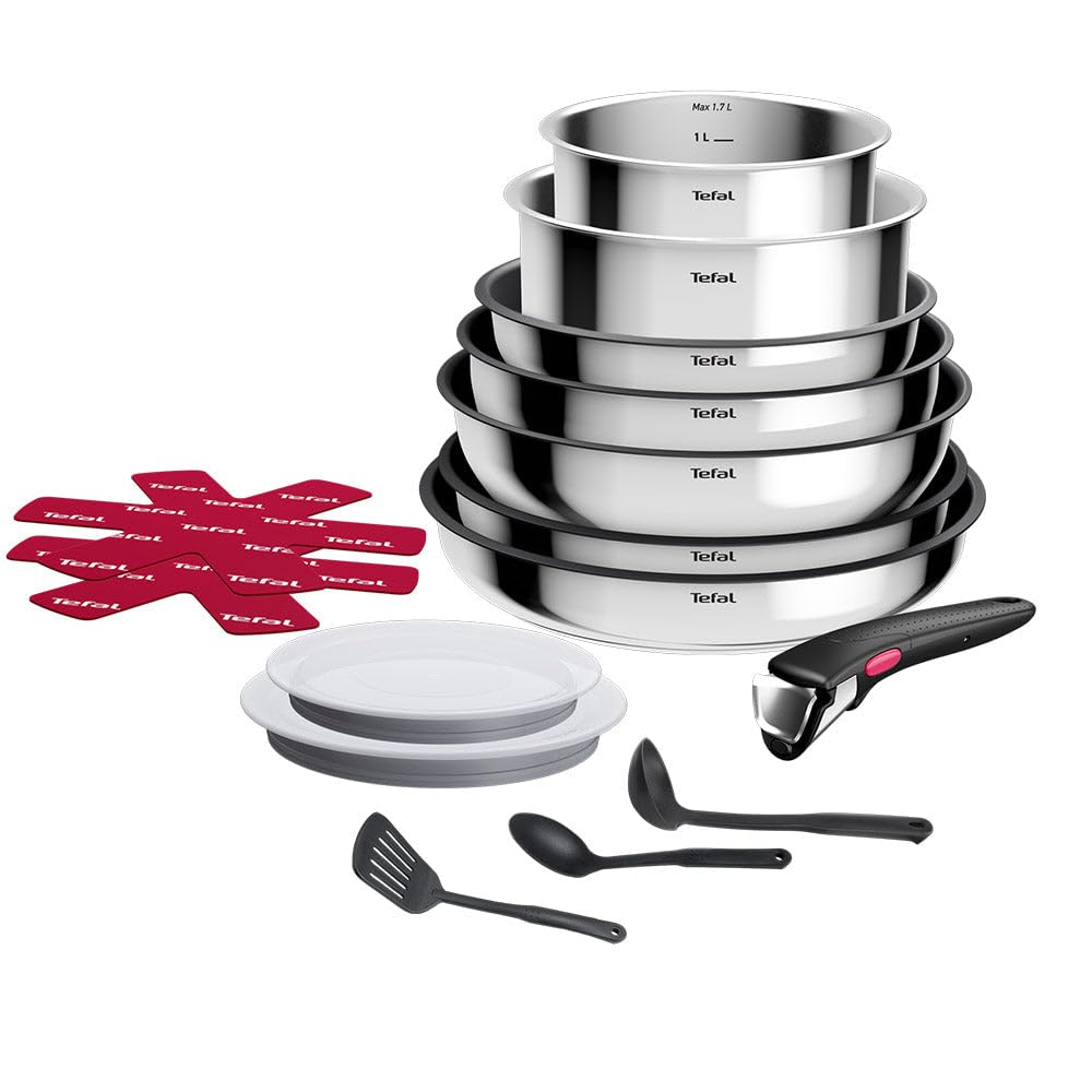Tefal Ingenio Cook Eat, Batterie de Cuisine 15 Pièces, Inox, Compatible Tous Feux dont Induction