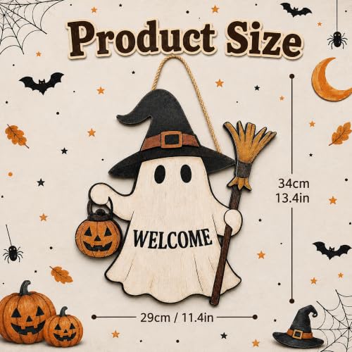 Image of Halloween Decorations - Halloween Wooden Ghost Welcome Sign for Front Door