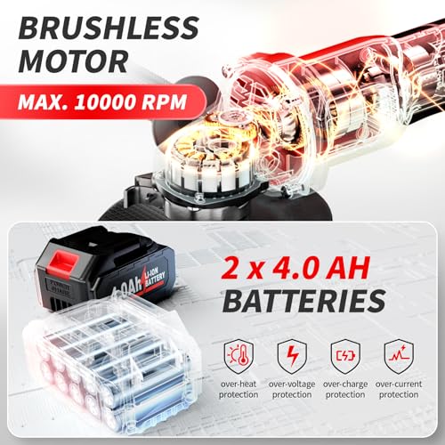 FULLYEA Cordless Angle Grinder 4-1/2 inch, Power Angle Grinder with 2x4.0Ah Battery, 10000 RPM Brushless Metal Grinder with Cutting Wheels, Electric Grinder Tool for Wood Metal Cutting & Grinding - Image 3