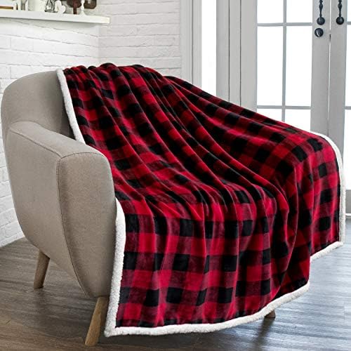 PAVILIA Buffalo Plaid Sherpa Blanket Throw | Fuzzy Red Black Checkered Flannel Fleece Blanket for Couch Bed | Fluffy Warm Soft Christmas Plush Microfiber Blanket | 50x60