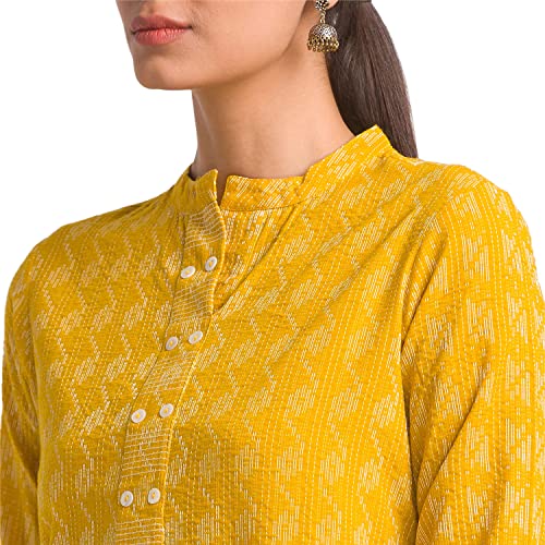 Image of Globus Women Green Woven Design Mandarin Collar Straight Kurta-3638025001