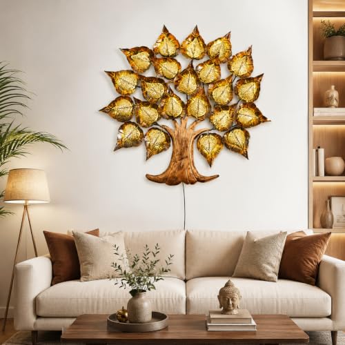 Image of Bharat Art Iron Jali Leaf Tree LED Metal Wall Art | Decorative Wall Hanging for Living Room Bedroom Hallway | Handmade Iron Leaf Tree Sculpture | Modern Home Office Decoration | 30 x 2 x 30 Inch | W194