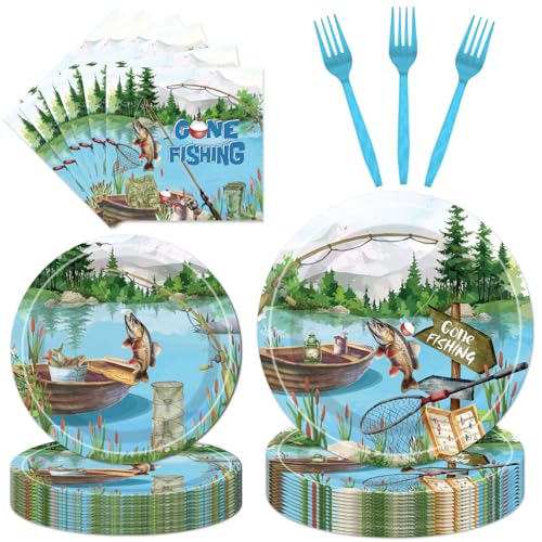 EUOYUFO 96PCS Gone Fishing Plates and Napkins Party Supplies - Fishing Birthday Party Decorations Fishing Themed Disposable Paper Tableware Set Serves 24 Guests EUOYUFO 96PCS Gone Fishing Plates and Napkins Party Supplies - Fishing Birthday Party Decorations Fishing Themed Disposable Paper Tableware Set Serves 24 Guests