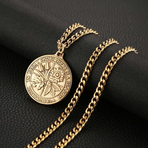HZMAN Coin Necklace Men's Stainless Steel Necklace Pendant Retro Ecclesiastes Bible Verse Round Medal Necklace Jewelry Gift3
