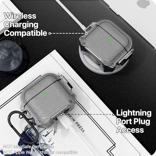 Image of RFUNGUANGO Locking Case for AirPods 4th Generation - Waterproof, Shockproof, Rugged Full Body Case for AirPods 4th Generation - with Carabiner Clip, with Cleaning Kit-Silver-Grey