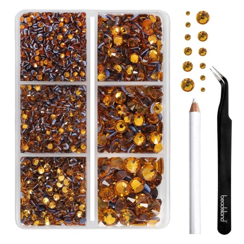 Image of BEADSLAND Hotfix Rhinestones, 4000 PCS Topaz Rhinestones for Clothes Crafts Mixed 6 Sizes with Wax Pencil and Tweezers Kit, SS6-SS30, Topaz