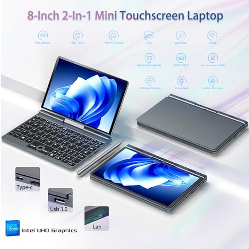 Image of 8 Inch Mini Laptop, 2-in-1 Small Laptop Win 11, HD Touchscreen Rotatable Handwriting Pocket PC, 12GB RAM 512GB SSD, Backlit Keyboard, N150, 2MP Camera, WiFi 6, BT5.2, G-Sensor, HDMI