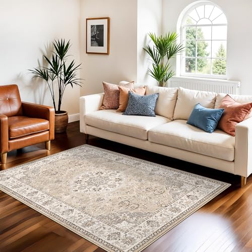 3x5 Living Room Area Rugs: Vintage Washable Non-Slip Rug for Bedroom Dining Room Soft Carpet for Nursery Kitchen Home Office Durable & Easy-Clean Design Perfect for Homes with Cats & Dogs(3x5 Beige)