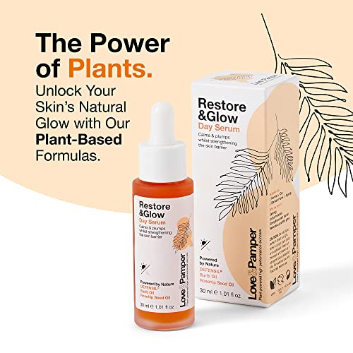 Love & Pamper RESTORE & GLOW, Plant Powered Hydrating Day Serum, Vitamin C, Q10, Buriti & Rose-hip Oil. Brightens - Image 2
