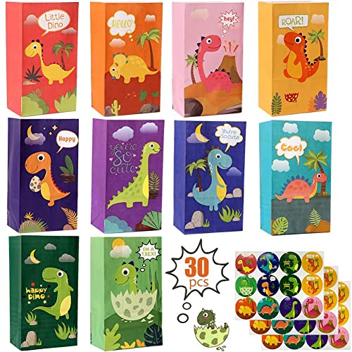 OEMG 30 Pcs Sac Cadeau Anniversaire Enfant, Bonbon Sachet Anniversaire Dinosaure avec Autocollants Mignons, Petit Pochettes Cadeaux en Papier, Pochette Cadeau Noel Garcon Fille Bebe Paques, 22x13x8cm Cover