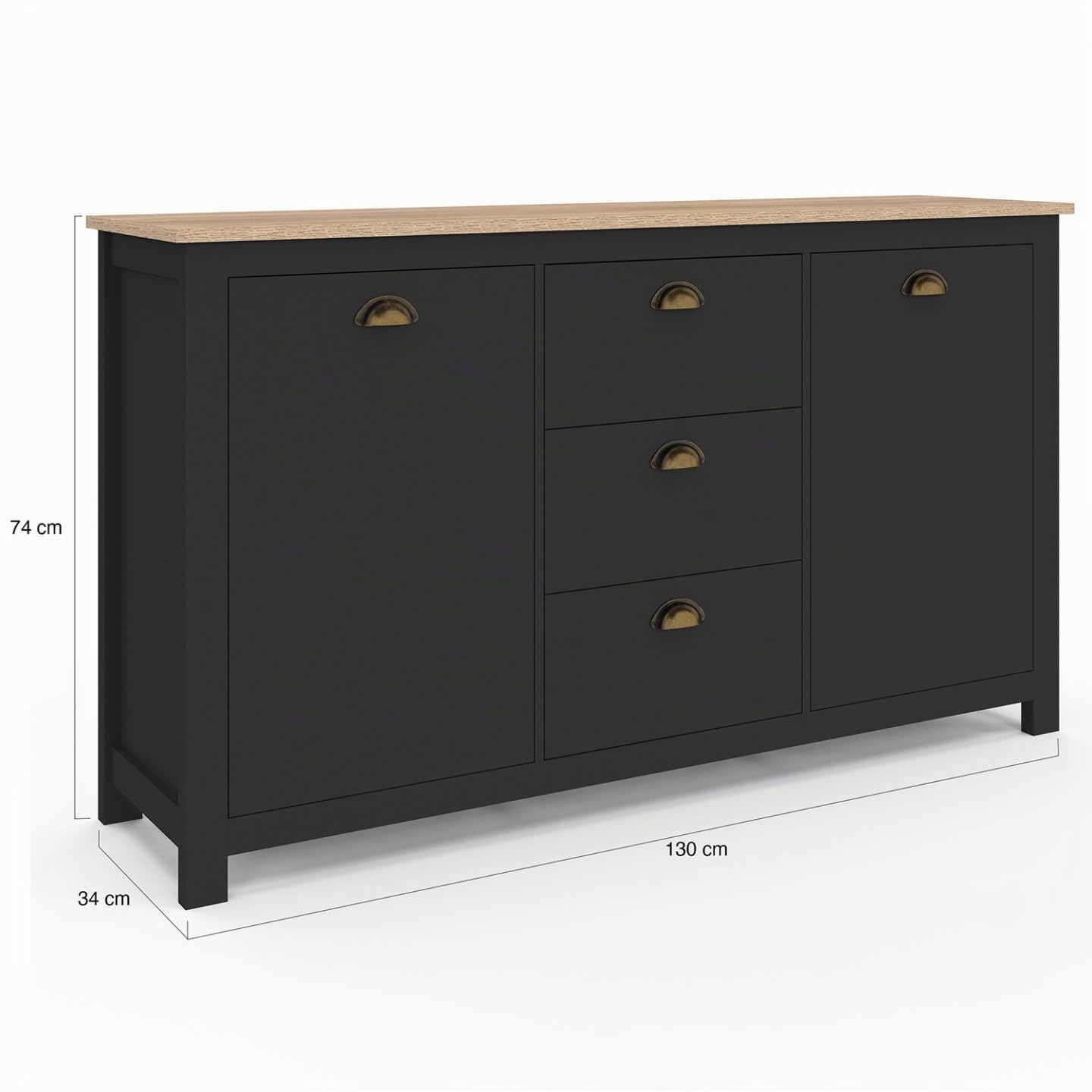IDMarket - Buffet 130 cm ISIS Campagne 2 Portes et 3 tiroirs Bois et Noir