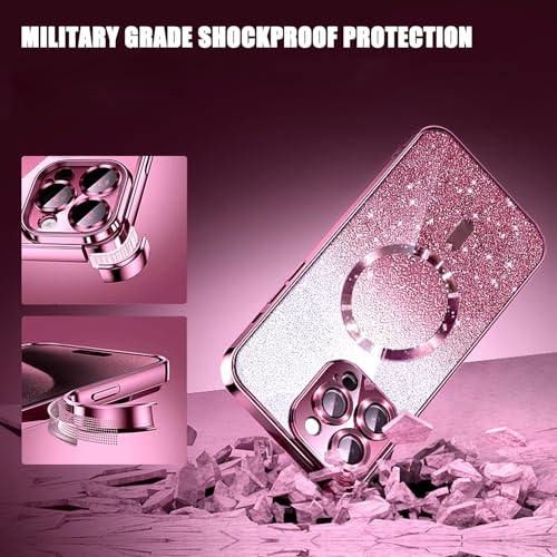 Image of Misscase for iPhone 15 Pro Magnetic Glitter Case Compatible with MagSafe,Camera Lens Protector Full Protection Elegant Anti-Scratch Dust-Proof Net Case Cover for iPhone 15 Pro Pink