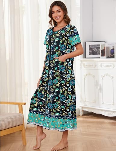 Image of Bloggerlove Zipper Front Robes for Women House Coat Half Sleeve Loungewear Long Nightgown with Pockets S-3XL