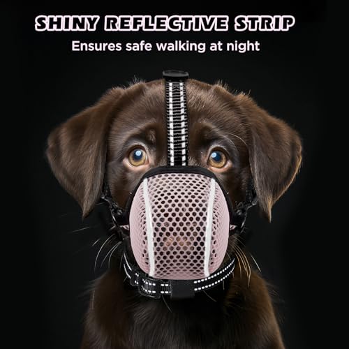 Image of Dog Muzzle,Mesh Soft Muzzle for Small Medium Large Sized Dogs, Breathable Reflective Adjustable Puppy Muzzles with Collar for Scavenging Grooming Biting Chewing,Allows Panting and Drinking(Pink L)