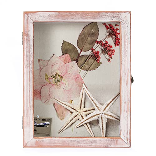 Image of TJ.MOREE Shadow Box 8 x 10 Display Case Wood Picture Frame White Pink | Memory Box with Linen Back for Memorabilia, Bouquet, Military Medals, Pet Memorial Gifts
