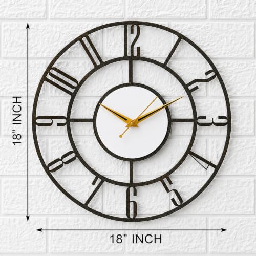 Image of Modern Mid-Century Metal Wall Clock for Living Room | Silent Sweep Movement | Large English Numeral Cut-Out Design | Gold & Black Needles | Powder-Coated Durable Frame | Antique Copper 18 Inch