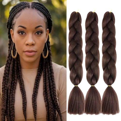 Brown Braiding Hair 24 Inch Hair Extensions for Braiding 100G/Pcs 3PCS, High Temperature Fiber Jumbo Braiding Hair Extensions (Dark Brown 4)