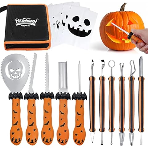 OWUDE Professional Pumpkin Carving Kit with Double-Side Sculpting Tools 11 Pcs Upgrade Heavy Duty Stainless Steel Carving Tools with Carrying Case and 6 Pcs Stencils for Halloween Decoration Cover