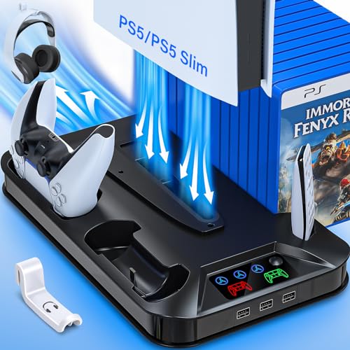 Image of PS5 / PS5 Slim Cooling Station with Controller Charging Station for PlayStation 5 Console Disc /Digital, Cooling Stand for PlayStation 5 Slim with Cooler Fan Accessories with 3 USB Hubs /Headset Holder