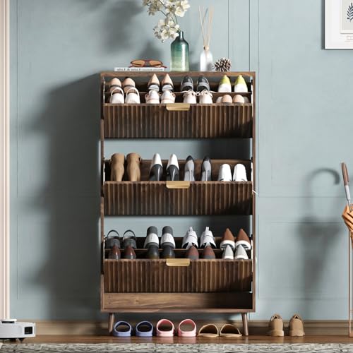 Image of Shoe Cabinet Storage,Modern Freestanding Organizer with 3 Flip Drawers,Narrow Shoe Rack Cabinet for Entryway,Walnut