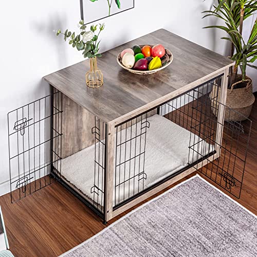 image for DWANTON Dog Crate Furniture with Cushion, Wooden Kennel Table with Dou