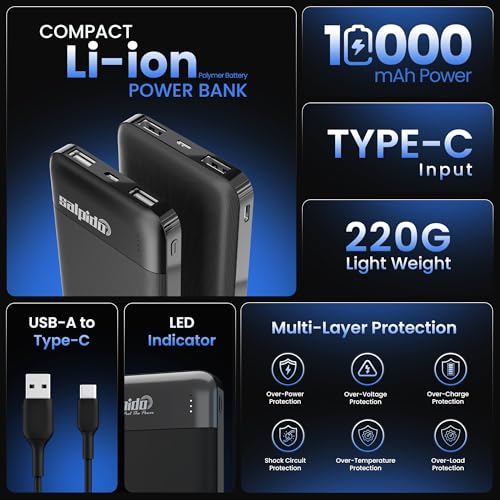 Image of 10000mAh Power Bank with Dual Output, Portable Slim Design, Lithium-Ion Polymer Battery, Smart Chip Safety and LED Indicator, for iPhone, Samsung &All Smartphones (12V, PN-951,Black)