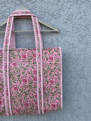 Image of Quilted Cotton Handprinted Reversible Large multicolor Floral Tote Bag,Hand Block Print Shopping Shoulder Carry Bag